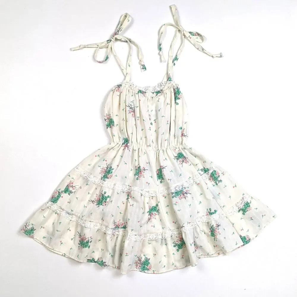 Vintage Miss Quality Dress Girls Sz 4T Cream Floral Sundress Boho Cottagecore